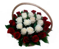 Корзина алые и белые розы